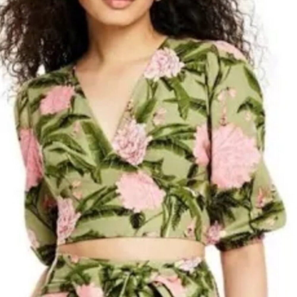 Aguabendita Women's Puffed Sleeves Green Pink Crop Tie Top Linen Blend 1X